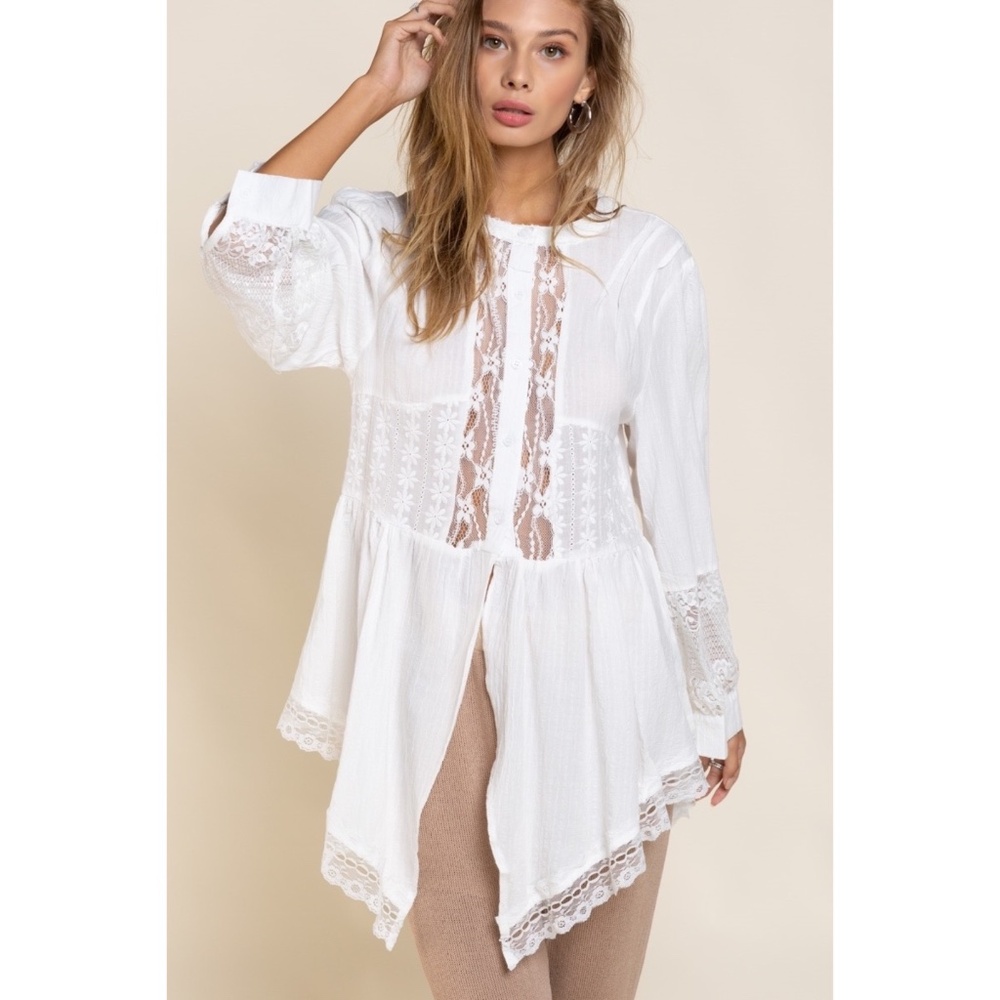 POL Off White Cotton & Lace Long Sleeve Unbalanced Hem Button Down Shirt - Picture 1 of 10
